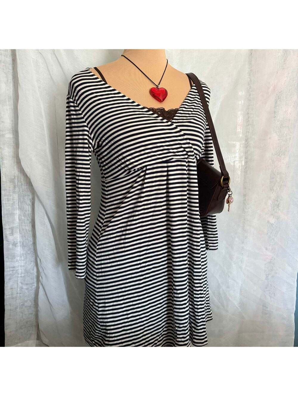 vintage y2k babydoll navy and white striped v-neck long top